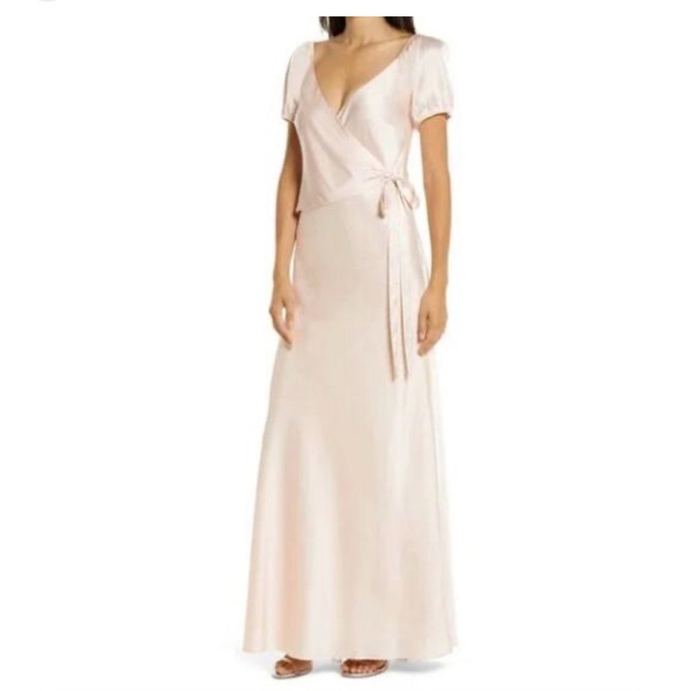 WAYF The Bea Faux Wrap V Neck Satin Maxi Formal Gown Women's Size Medium